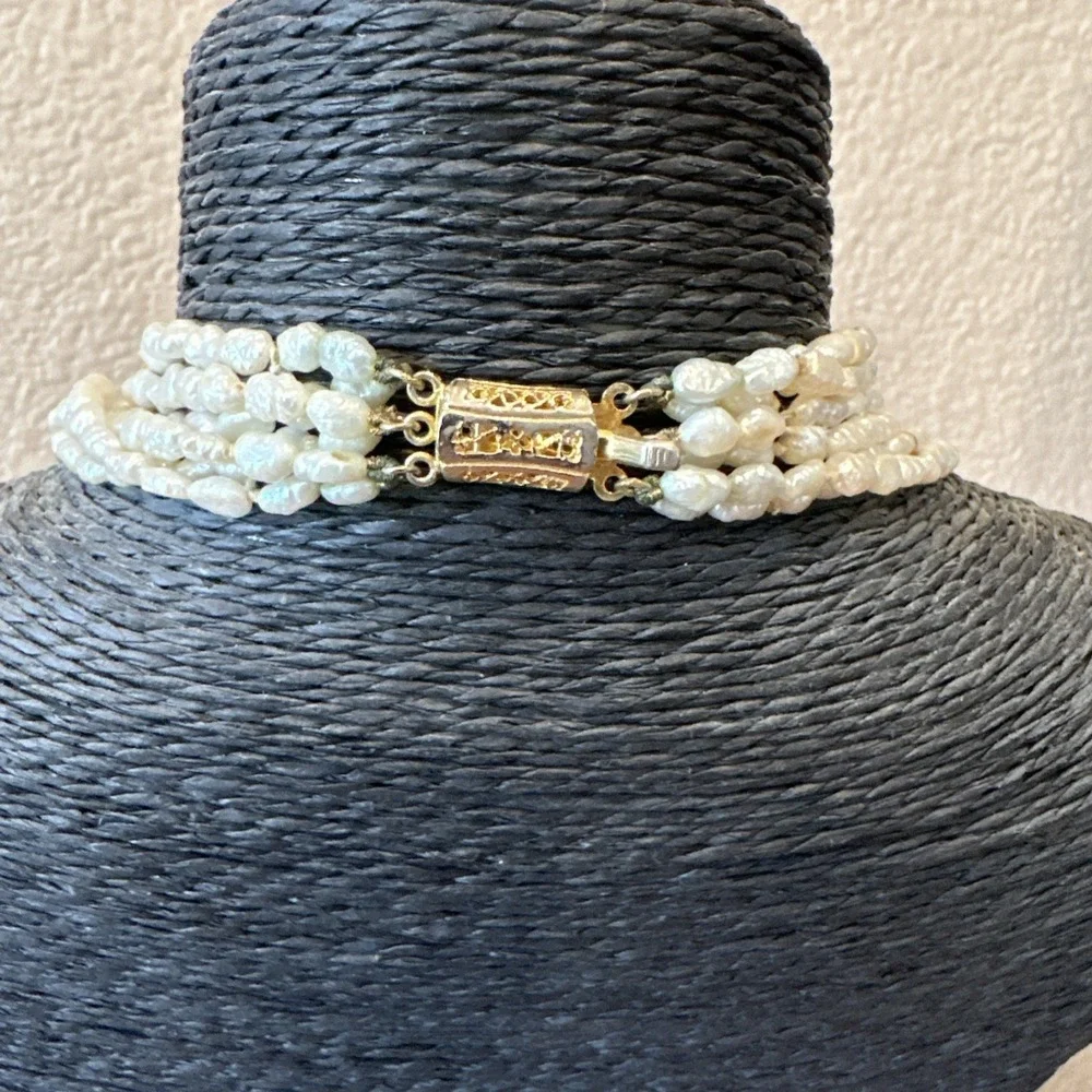 VTG Six Strand Seed Pearl Necklace Gold Tone Clasp Beads Hand Knotted Classic